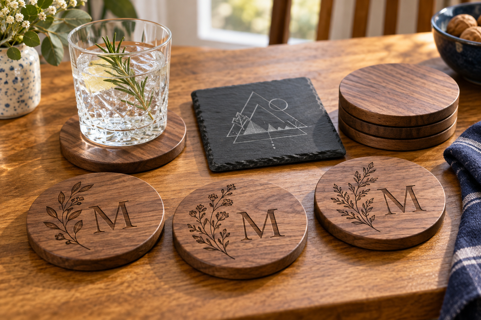 Engraved wood and slate coasters