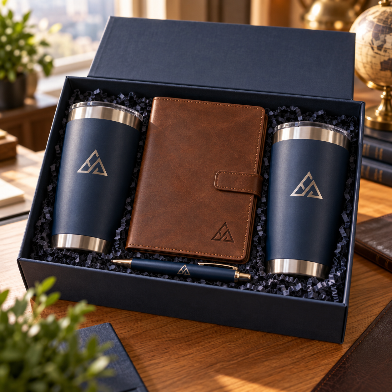 Illustrative an executive employee welcome gift set with two navy laser-engraved stainless tumblers, a monogrammed leather notebook and pen in an open premium gift box