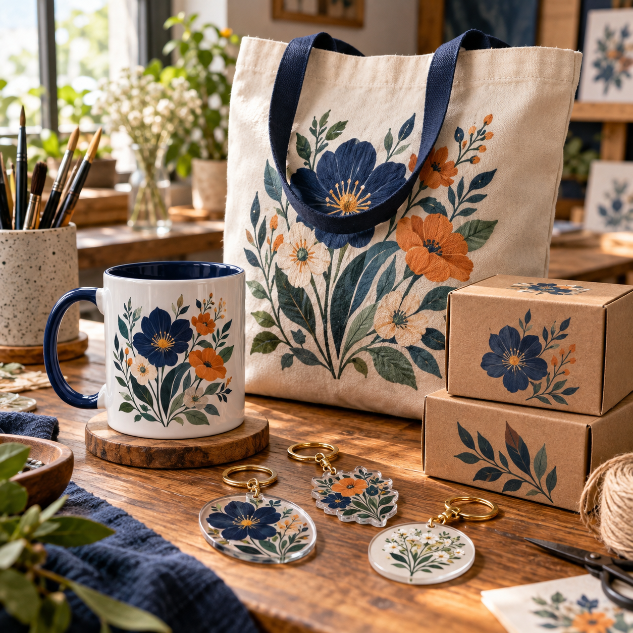 Illustrative small artist business merchandise collection with a ceramic mug and canvas tote featuring matching vivid botanical original artwork, colorful custom acrylic keychains and small branded packaging boxes on an artisan worktable