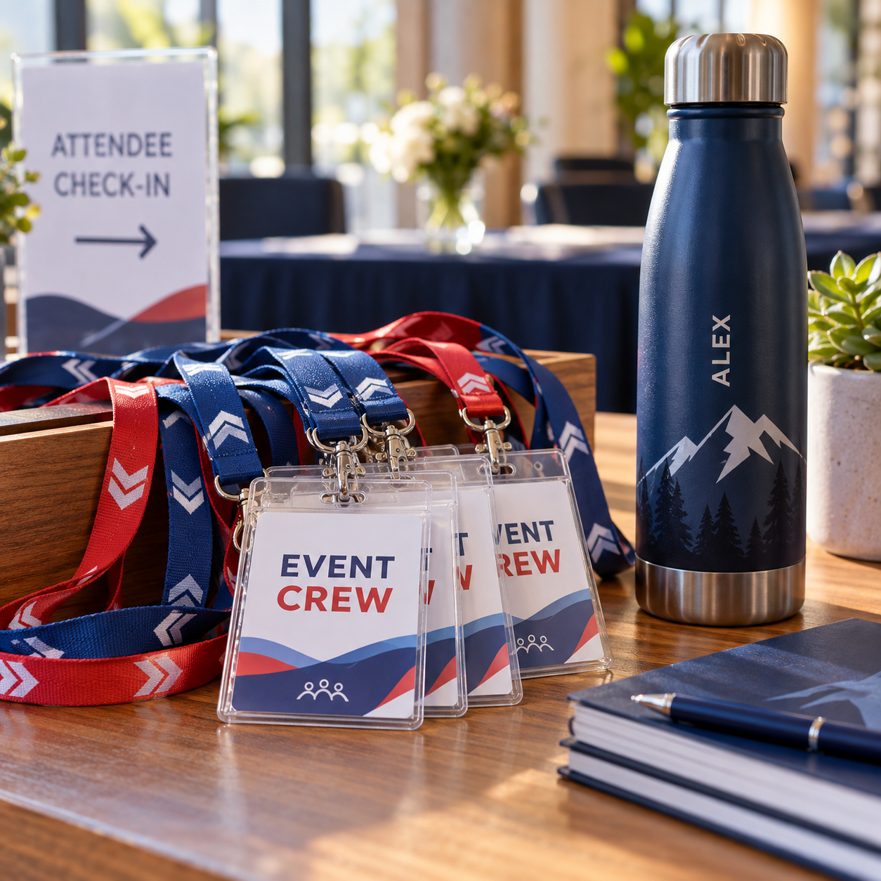 Illustrative colorful custom blue and red printed lanyards with clear acrylic conference badges reading EVENT CREW, a personalized attendee stainless bottle, arranged at a conference registration desk