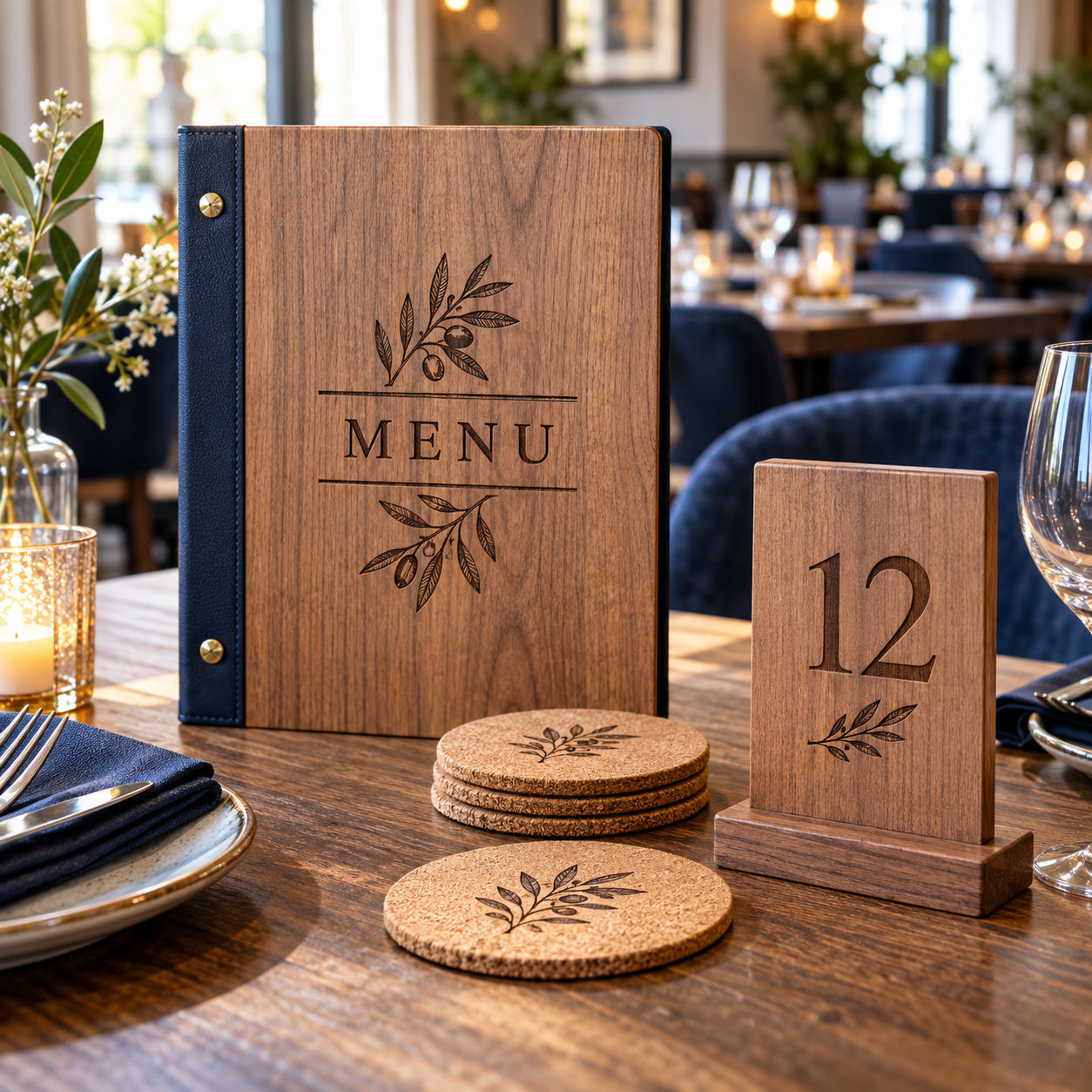 Illustrative beautifully laser-engraved wooden restaurant menu cover reading MENU, matching wooden table number 12 and branded cork coasters on a restaurant table, softly blurred elegant dining room background