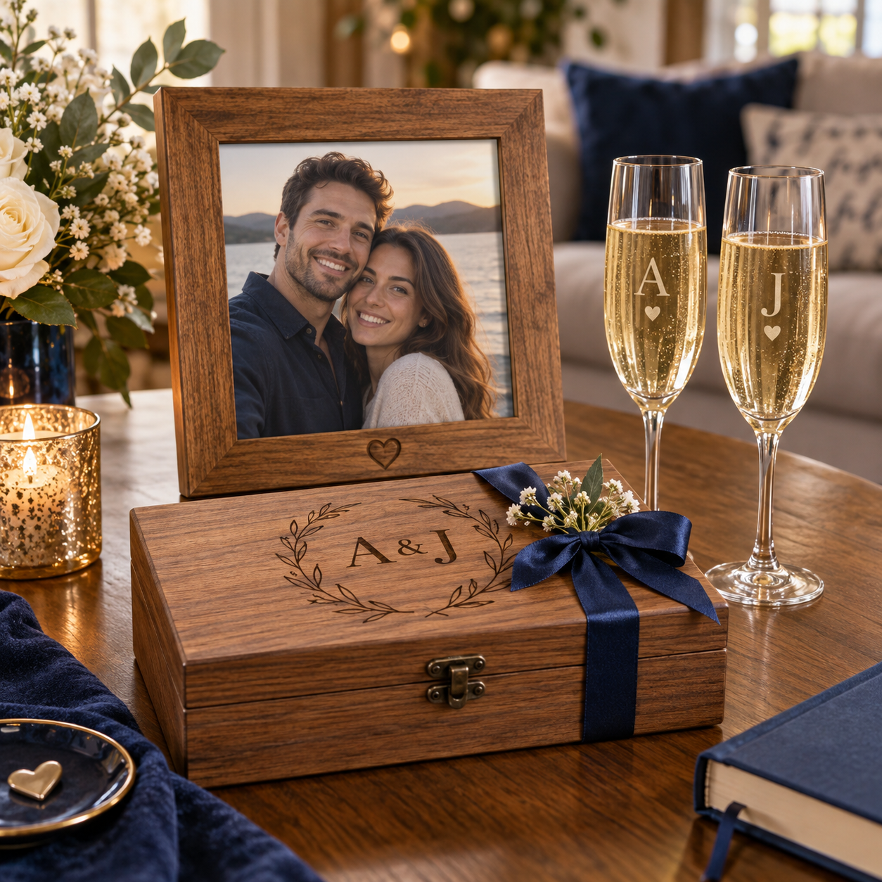 Illustrative intimate anniversary gift arrangement, wooden photo frame containing smiling adult couple photograph, engraved keepsake box with initials A & J and ribbon, two personalized champagne glasses on warm home table