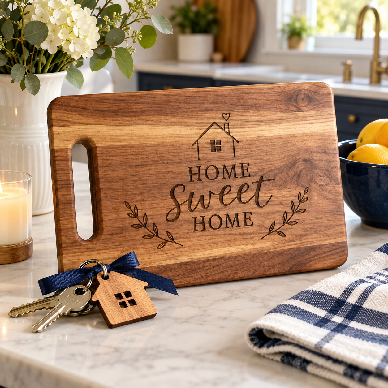 Illustrative a thoughtful house closing gift on a bright kitchen counter, engraved wooden cutting board reading HOME SWEET HOME with a small house icon, house-shaped wooden keychain with real house keys and a ribbon