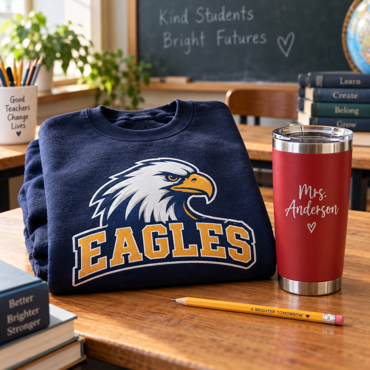 Illustrative school spirit gifts, a folded navy school sweatshirt with colorful printed fictional eagle mascot and text EAGLES, a red personalized teacher tumbler and a pencil on a classroom desk, soft chalkboard background