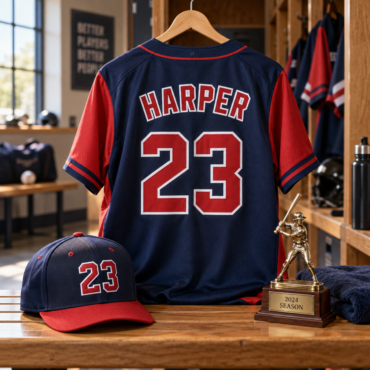 Illustrative a navy and red personalized athletic jersey hanging front-facing with large clear number 23 and name HARPER, matching embroidered cap and a small engraved season trophy on bench, softly blurred gym background