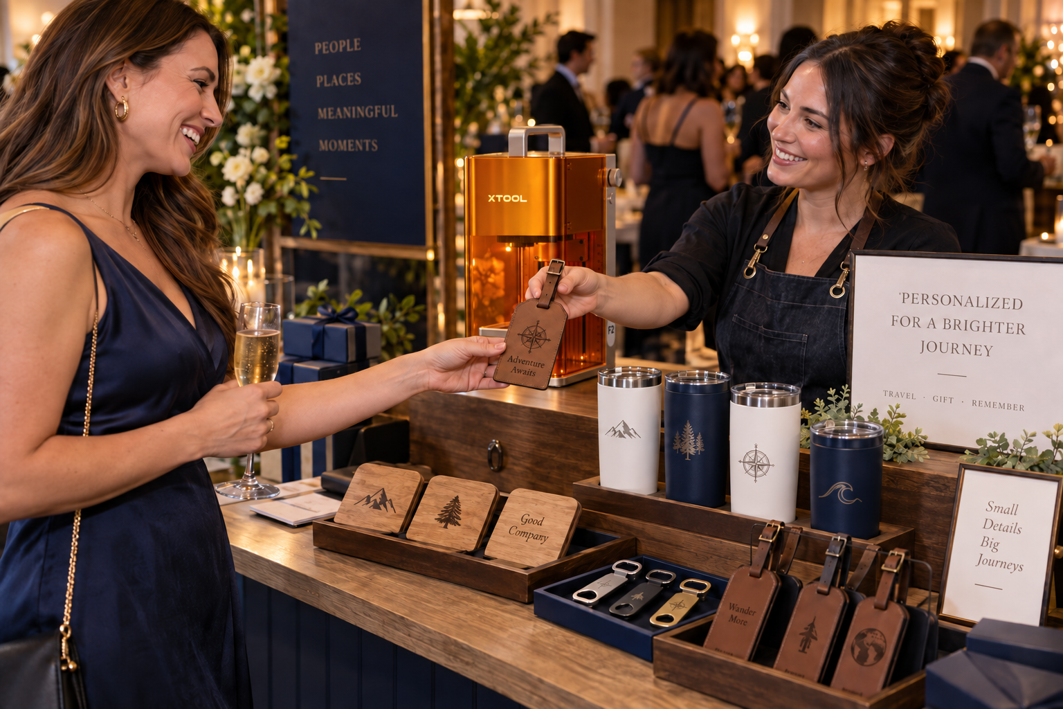 Event artisan handing a freshly engraved leather luggage tag to a guest