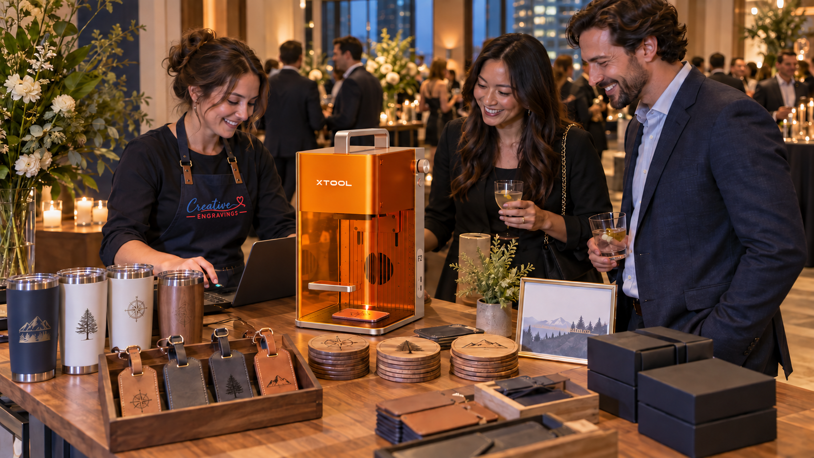 Creative Engravings event specialist operating an xTool F2 while guests watch live personalization