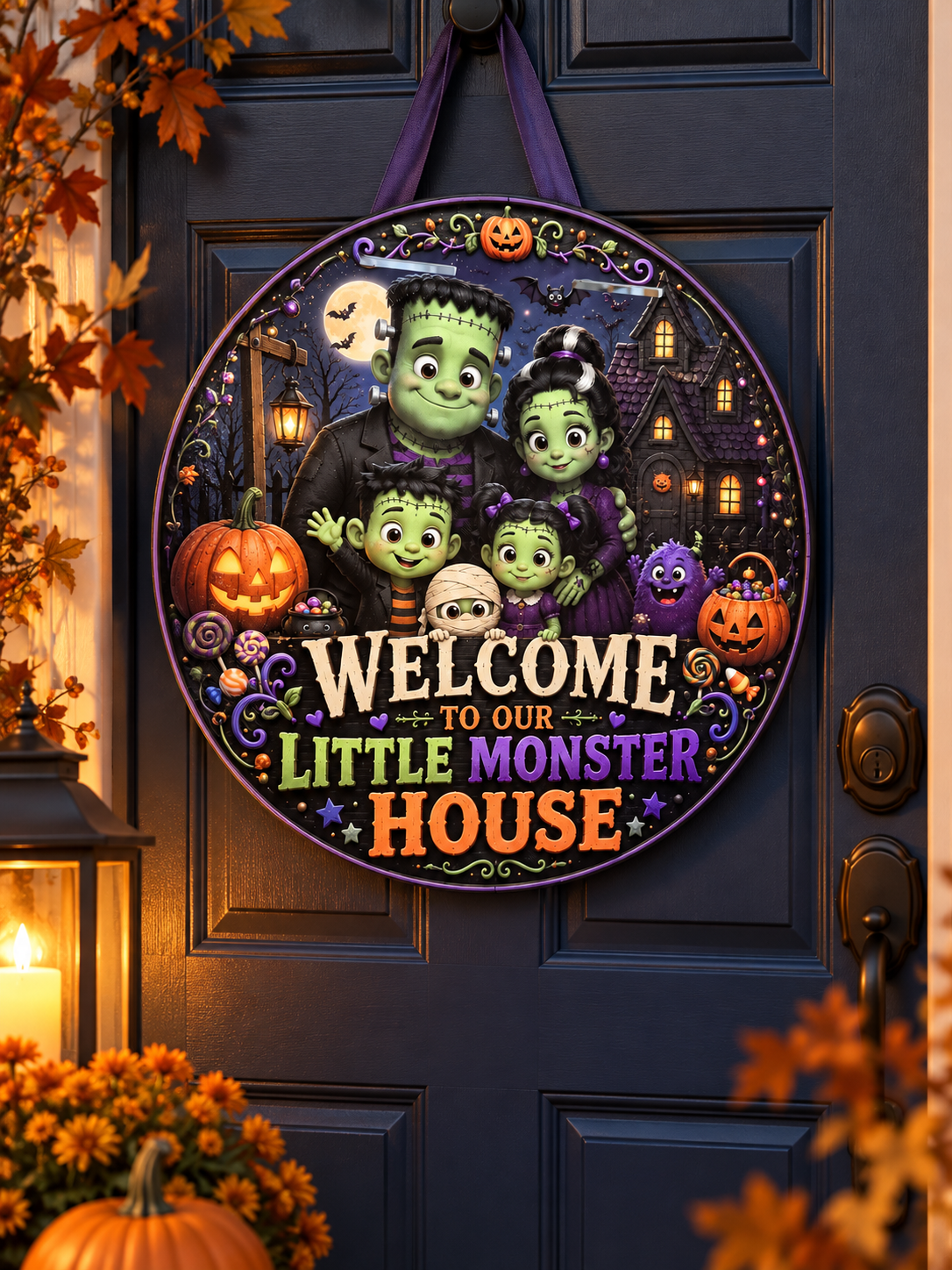 Colorful Halloween little monster family door hanger displayed on a navy front door