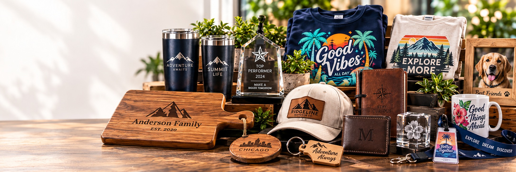 Illustrative finished engraved drinkware, boards, colorful printed apparel, mug, award, inner-glass crystal, leather goods and personalized accessories